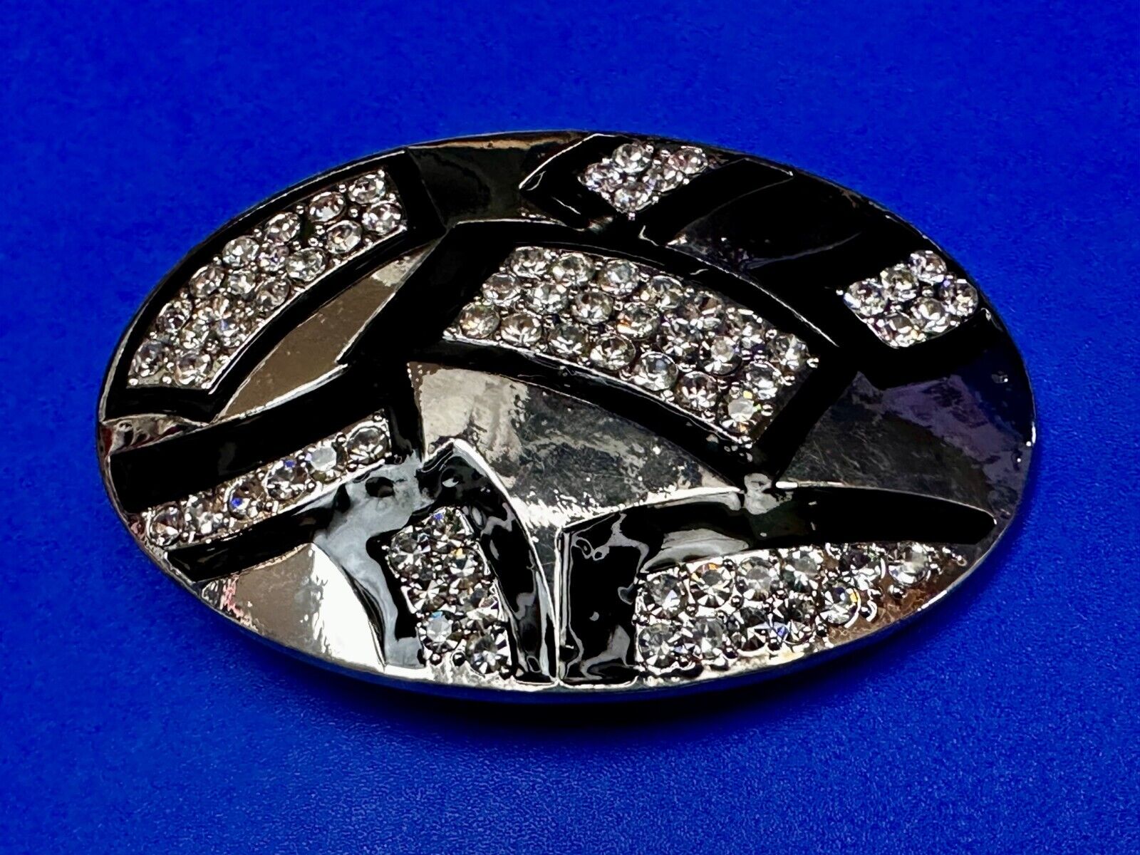 Unique Rhinestone Accented Black & Silver Tone Women's Oval Belt Buckle