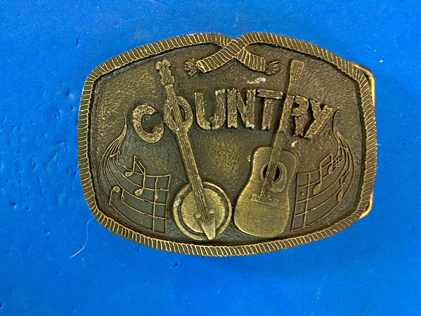 Vintage 1976  Brass Tone Country Music Belt Buckle Banjo And Acoustic Guitar 