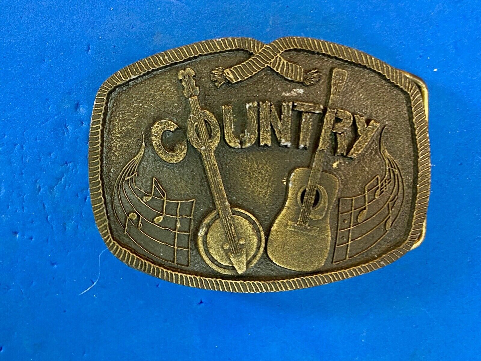 Vintage 1976  Brass Tone Country Music Belt Buckle Banjo And Acoustic Guitar 
