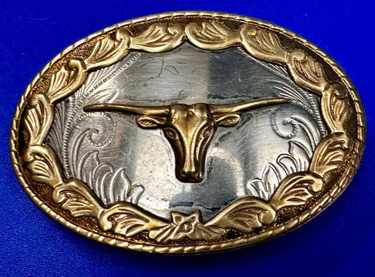 Texas Longhorn Steer Bull Cow Vintage Mixed Color German Silver Belt Buckle
