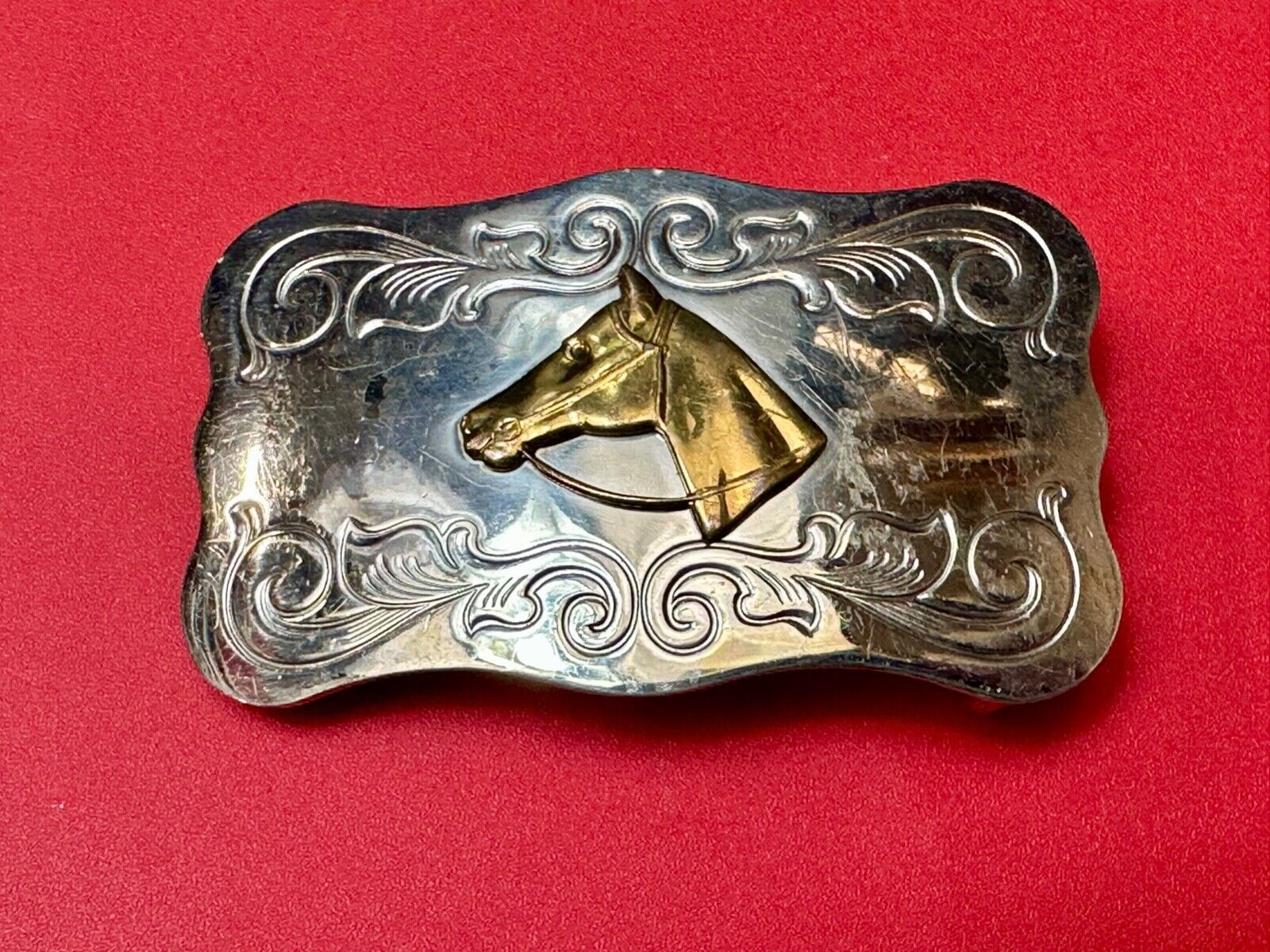 Vintage Chambers nickel silver Horse head centered on western belt buckle