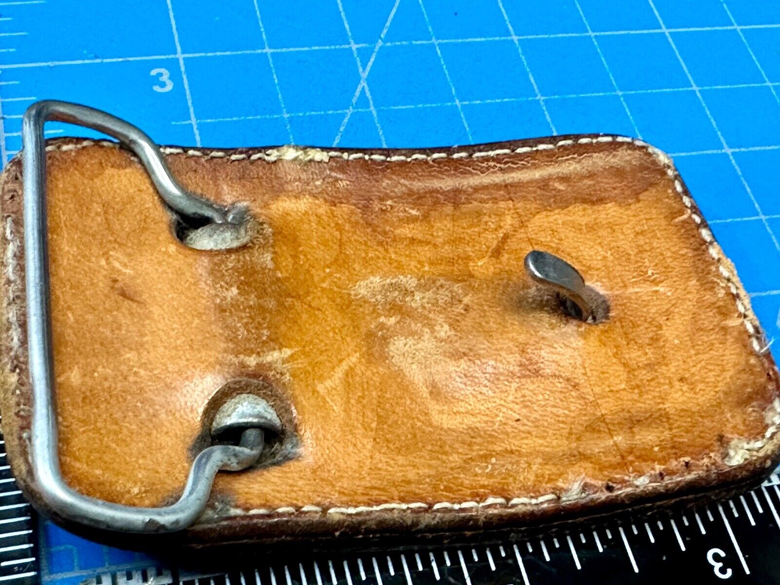 Unique Calf? Cow? Goat? Vintage brown leather stitched Belt Buckle