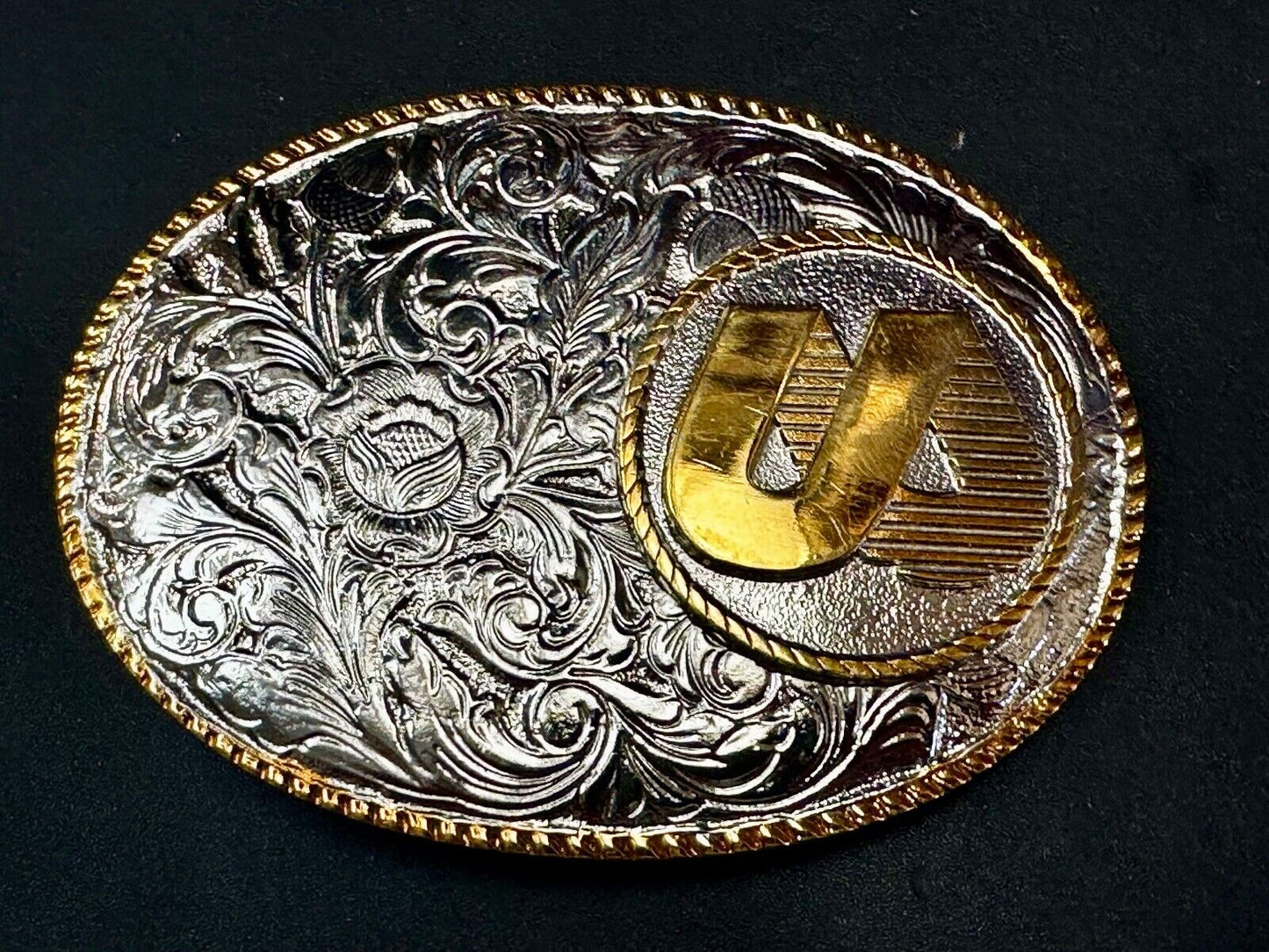 UA Company Logo Floral Flower Design Gold & Silver Tone Vintage Belt Buckle
