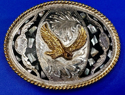 American Flying Hunting Eagle Abalone Shell Chunks Alpaca Mexico Belt Buckle