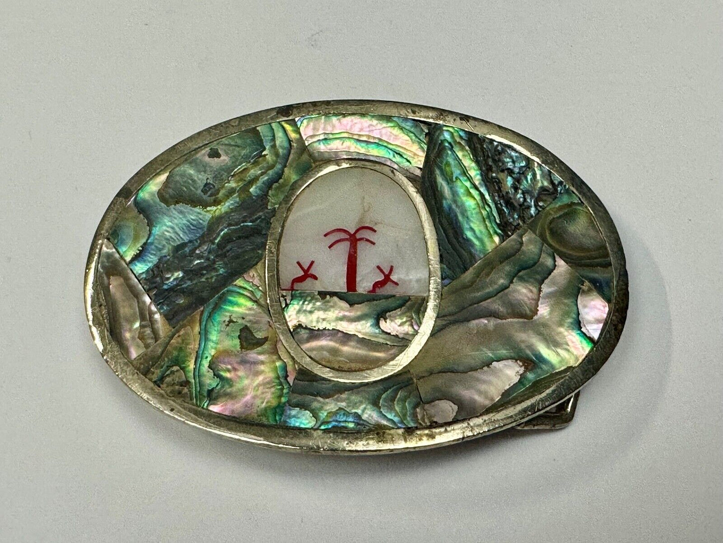 Abalone Shell Ocean Theme Palm Trees  3.5" wide Oval belt buckle from Mexico