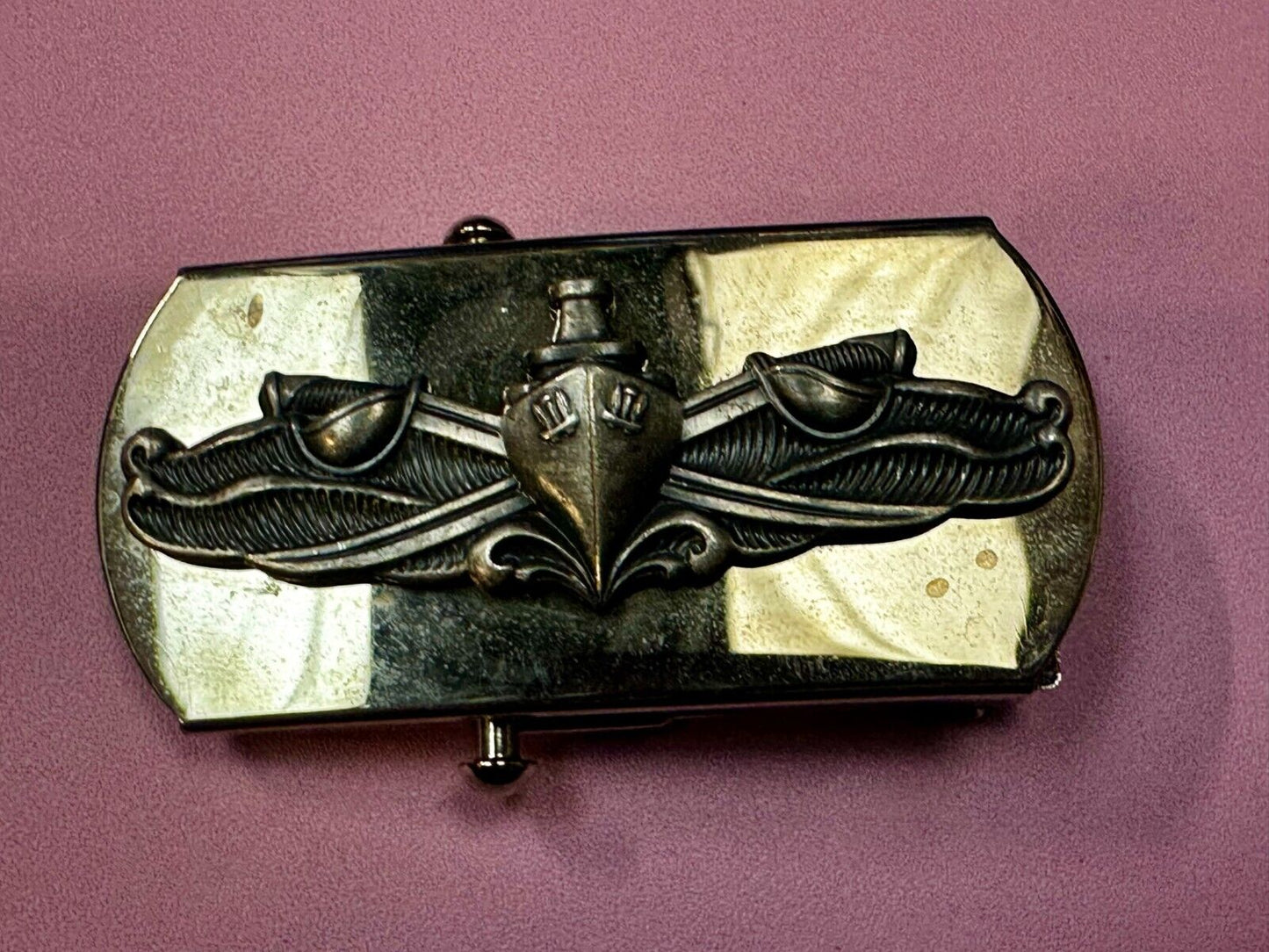 US Navy Naval Surface Warfare Army Solid Brass Silver Tone Vanguard Belt Buckle