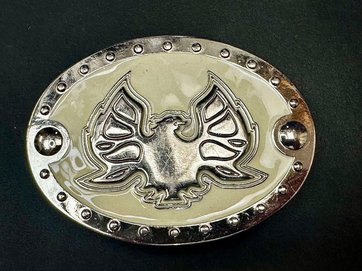 Thunderbird Eagle? Cream Color Enamel Studded Oval Silver Tone Belt Buckle