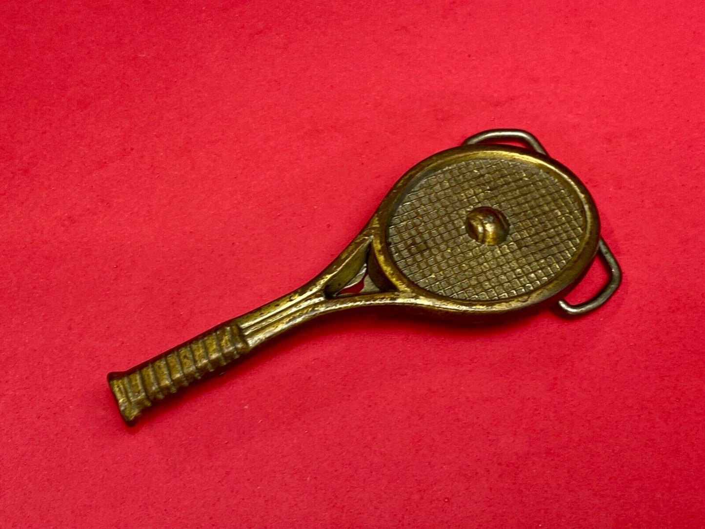 Unique Figural Tennis Racket and ball Sports Game brass tone belt buckle