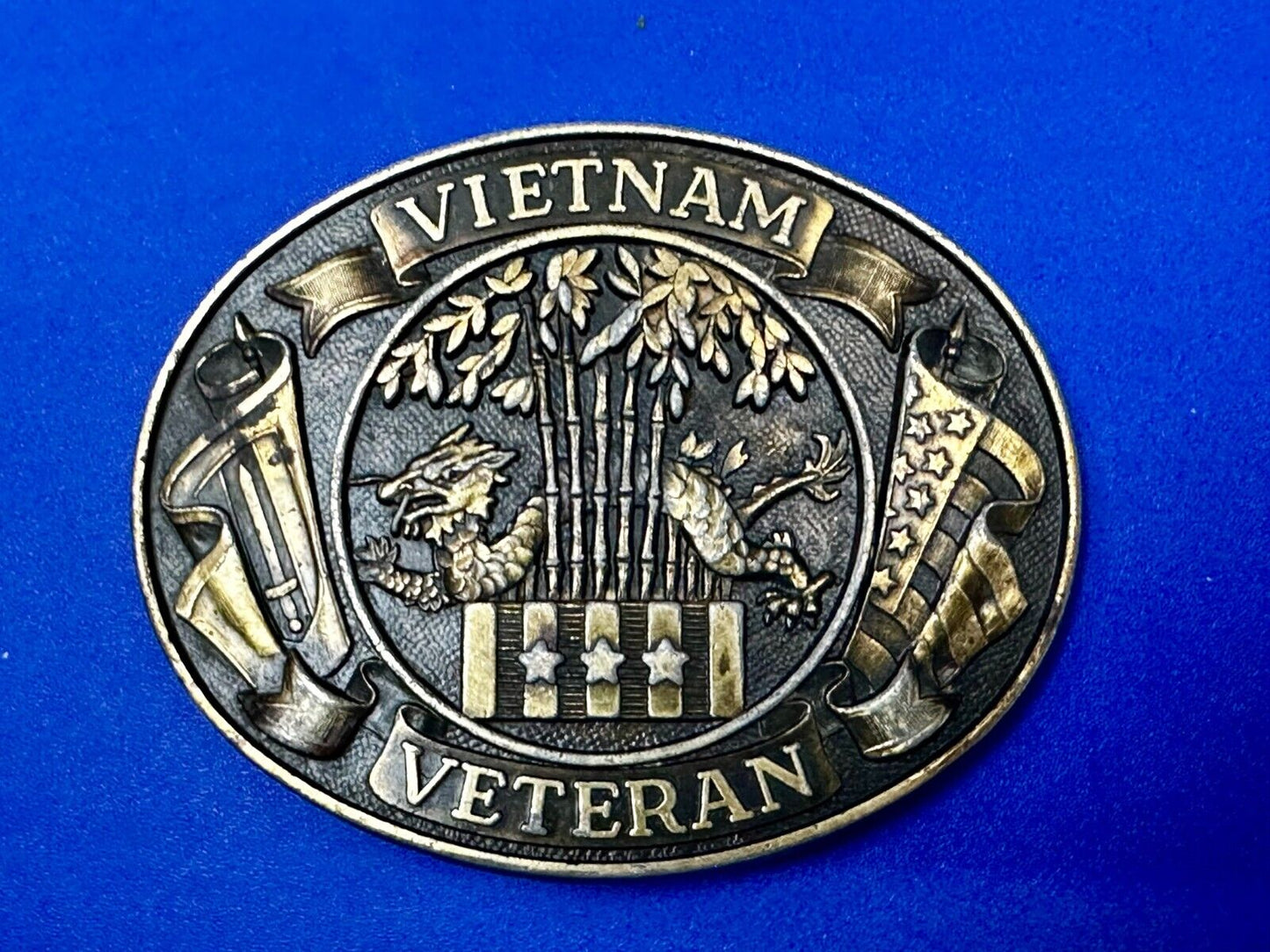 Vietnam Veteran Dragon Bamboo & Flag's Vsm Service Medal Logo Belt Buckle