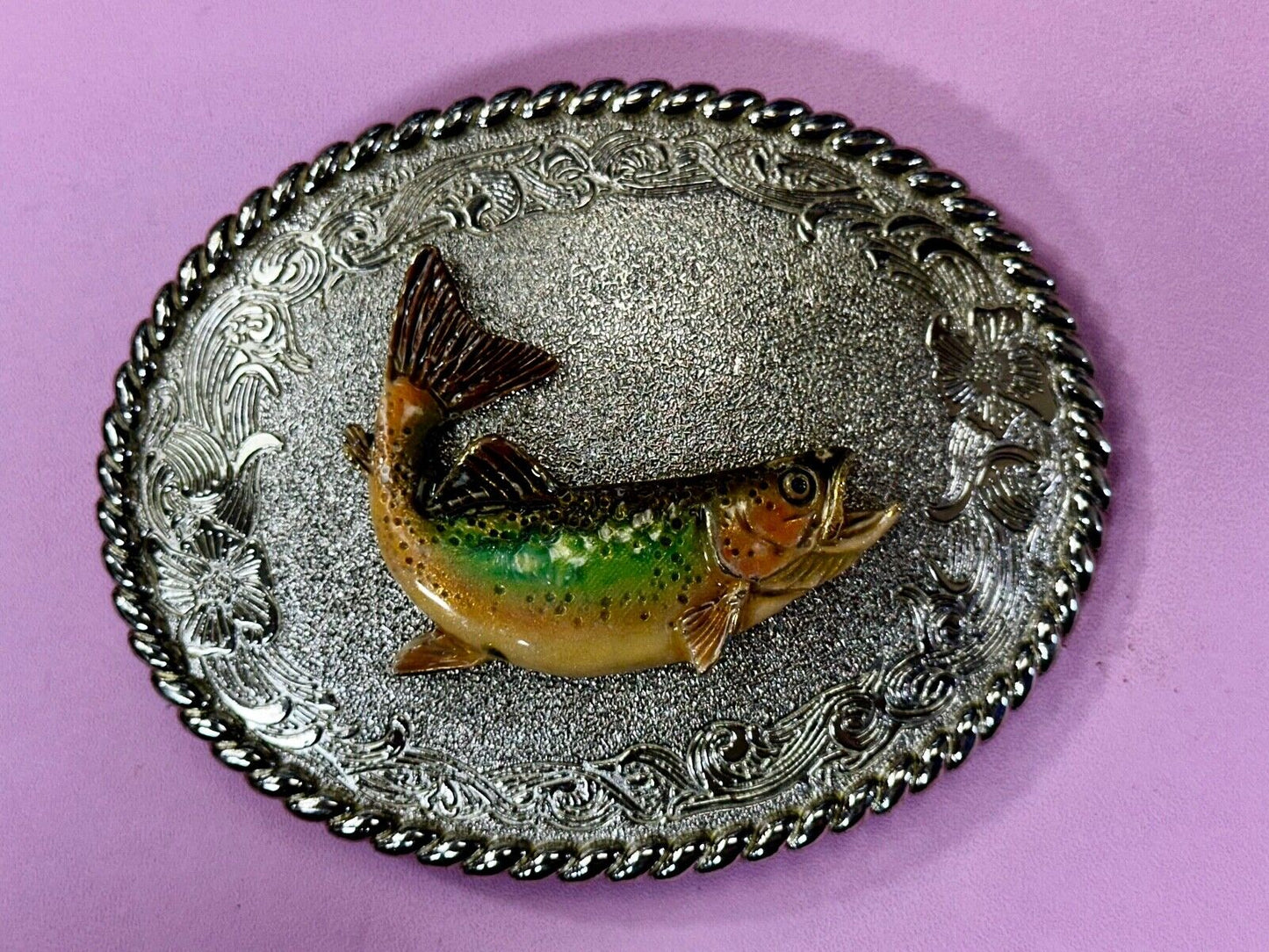Trout Fish Fisherman Gift Vintage 1978 Oval Belt Buckle by Rain Tree