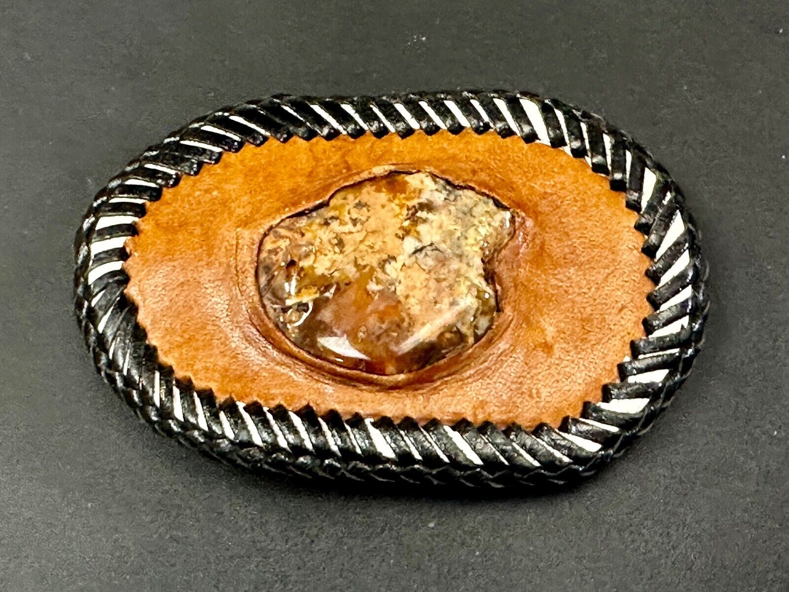 Vintage leather & stone? hand stitched belt buckle