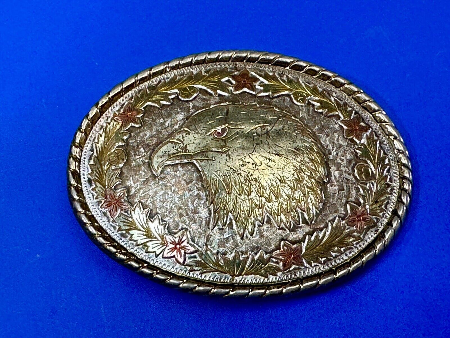 American Bald Eagle Bust profile, Mixed Color Etched belt buckle W Makers Mark