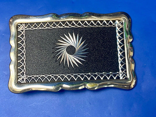 Vintage Etched Star Swirl Burst Pattern Western Black  & Silver  Belt Buckle 