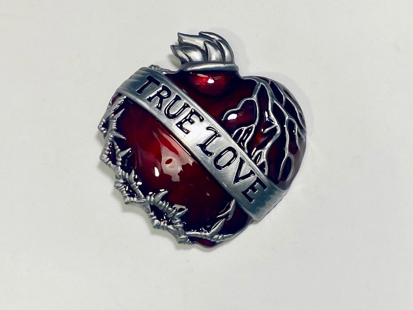 TRUE LOVE - Figural Beating Heart red & Grey barbed wire belt buckle 