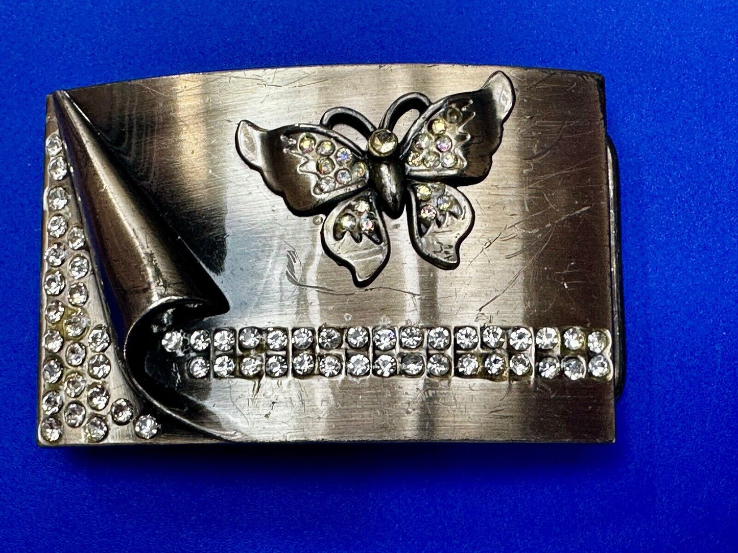Unique Butterfly Theme Rhinestone Accented Vintage Silver Tone Belt Buckle
