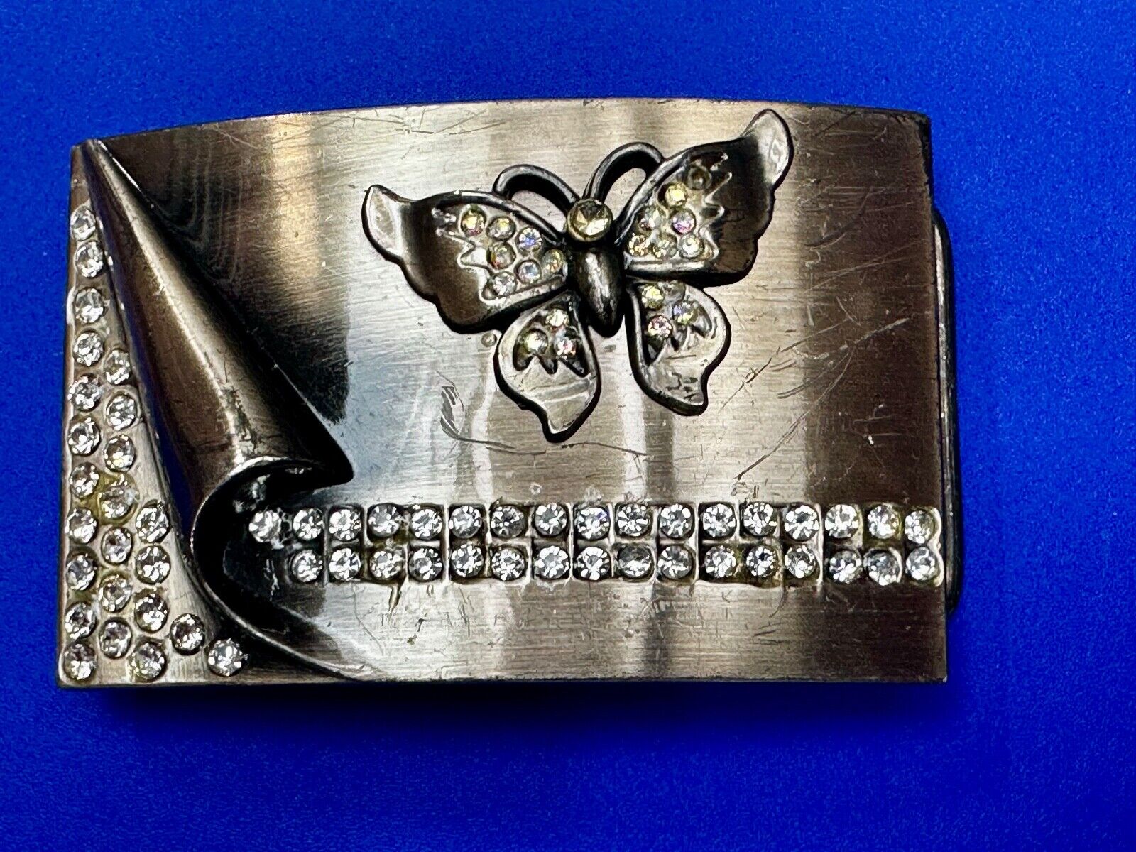 Unique Butterfly Theme Rhinestone Accented Vintage Silver Tone Belt Buckle