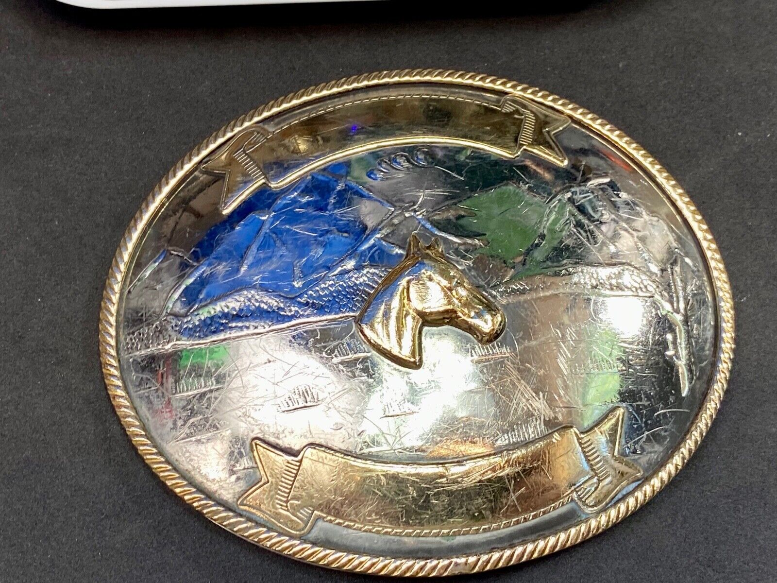 Vintage Horse Head Bust German Silver Art Western Award Scroll Belt Buckle 
