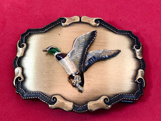 Vintage 70s Raintree Duck Belt Buckle Brass Hand painted Gift For Him" Fisherman