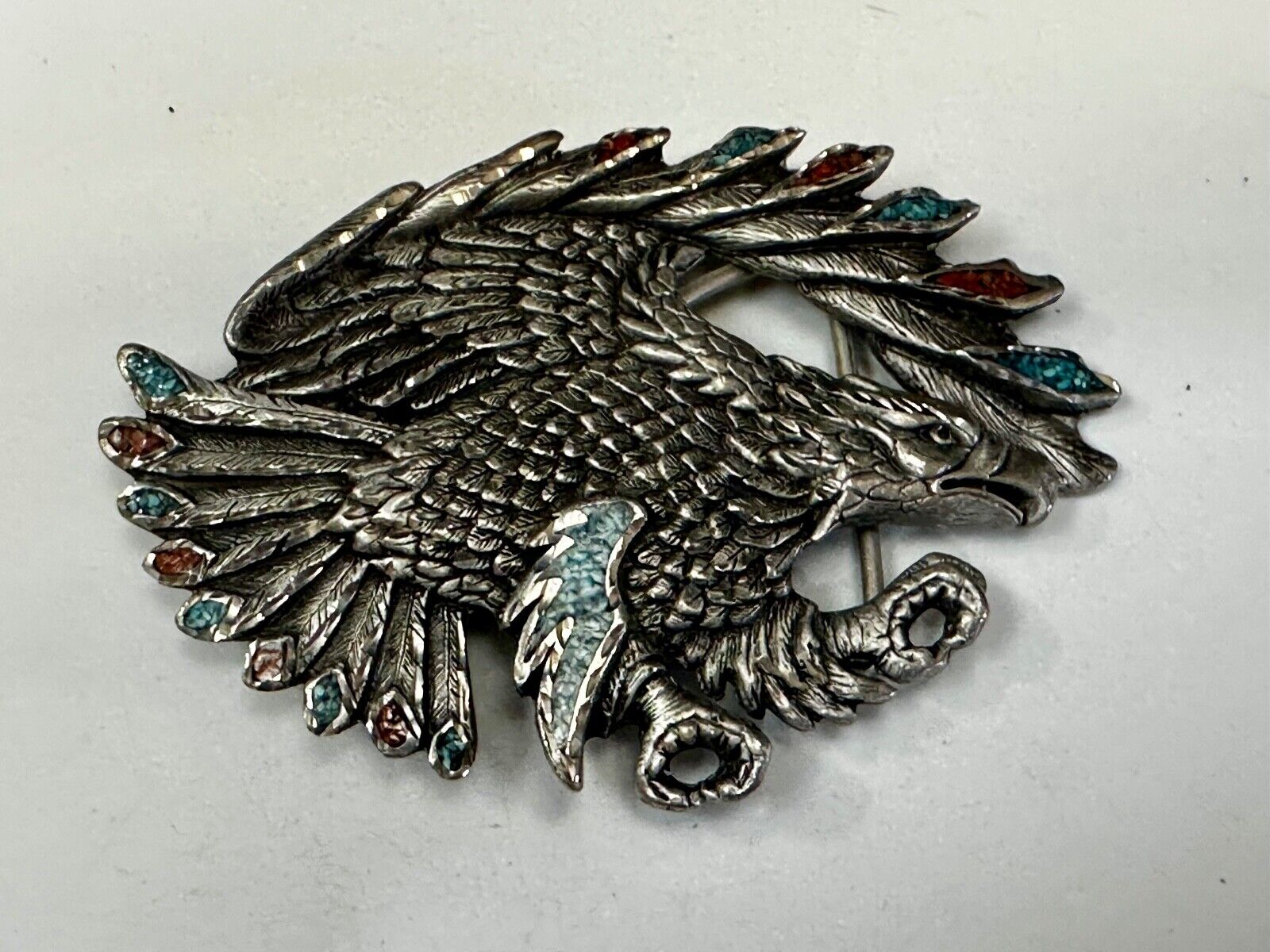 Turquoise Coral Cut Out Hunting Attacking Eagle 2002 Enchantment Belt Buckle