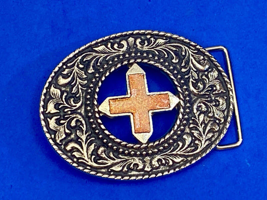Beautiful See Through Cross Centered In Western Flower Swirl Metal Belt Buckle 