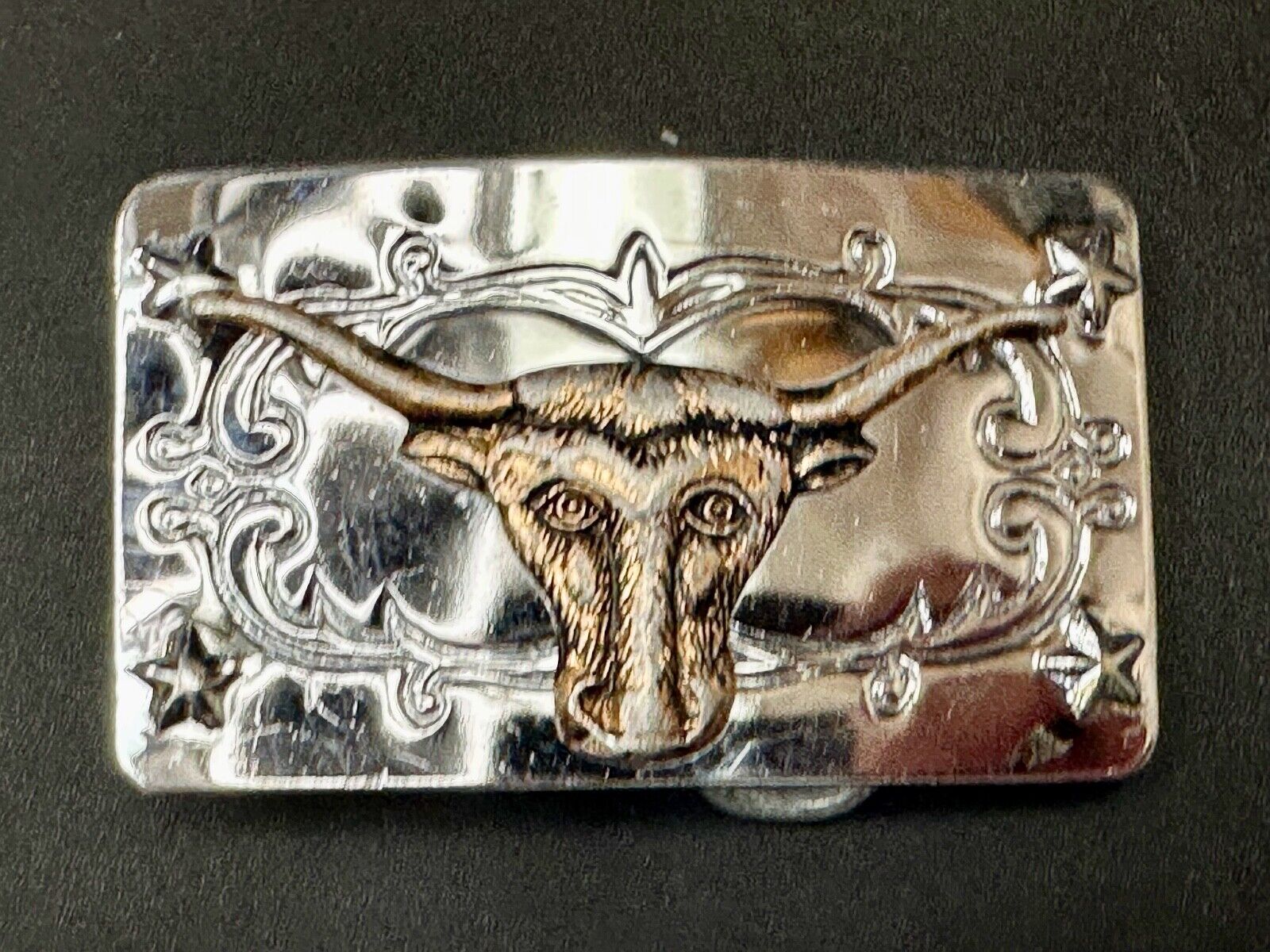 Texas Longhorn Cow Steer on Vintage two tone reflective western Belt Buckle