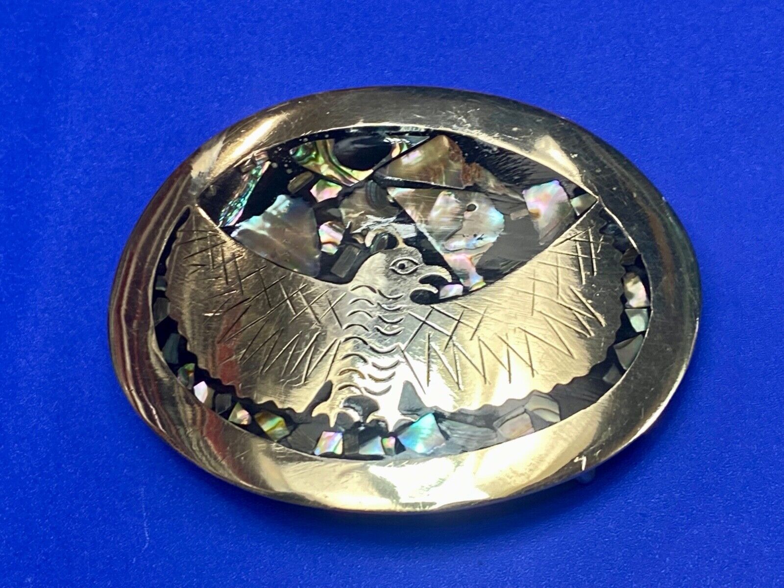 Abalone Shell Native BIRD - wings wide Alpaca Mexico stamped belt buckle