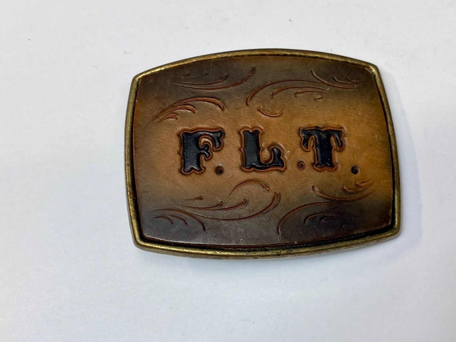 Vintage Initials Letters F. L. T.  leather and brass tone western belt buckle