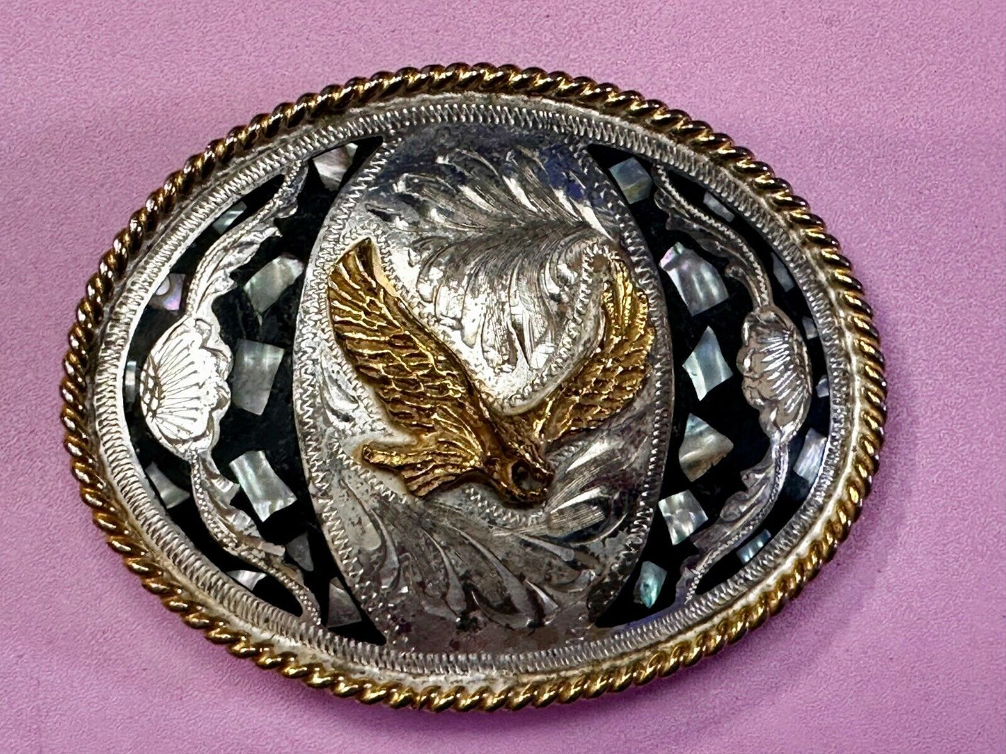American Flying Hunting Eagle Abalone Shell Chunks Alpaca Mexico Belt Buckle