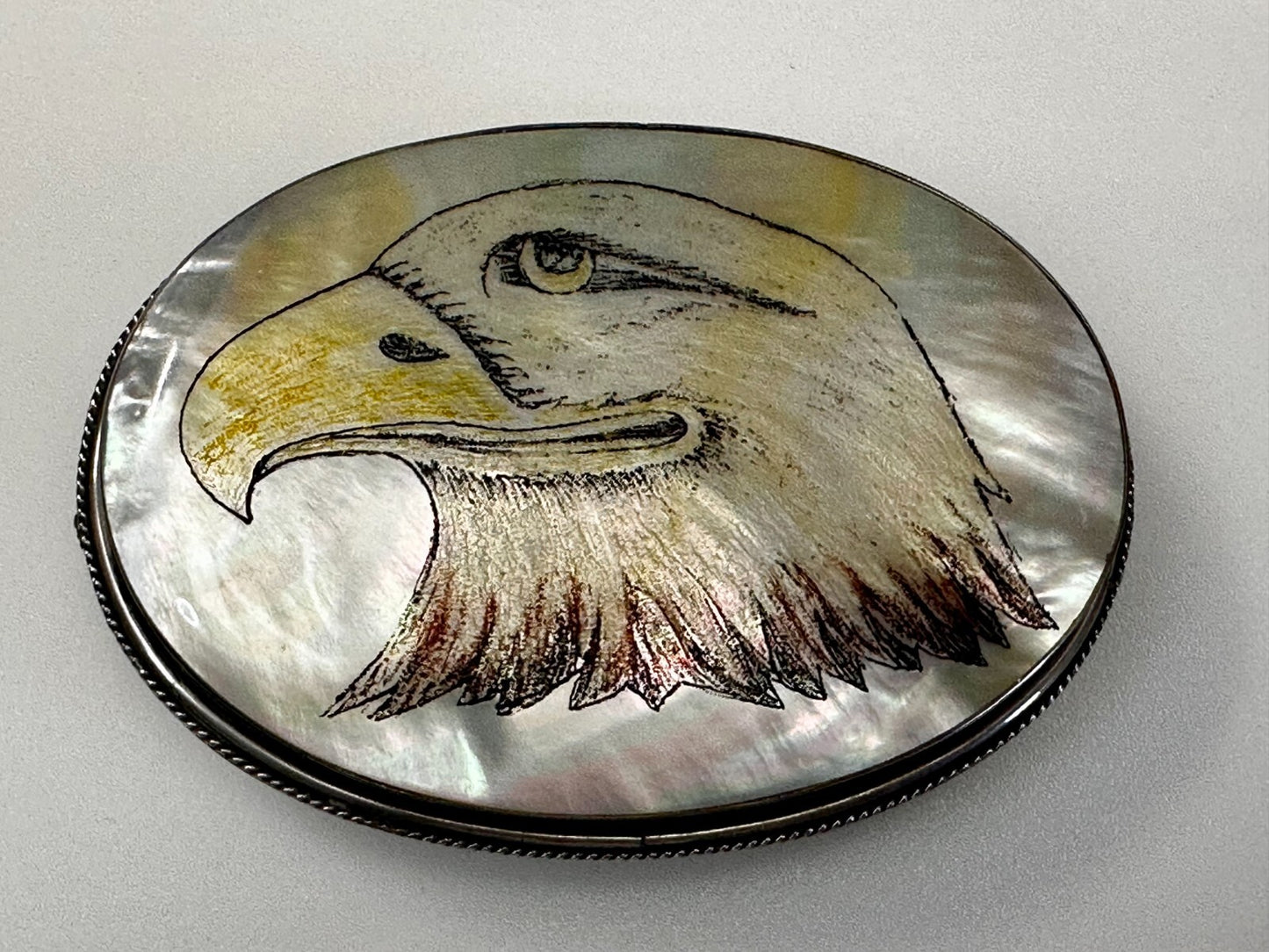 American Bald Eagle Handmade On Mother Of Pearl Shell Belt Buckle - Hallmarked M