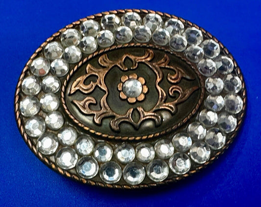 Vintage brown oval floral theme Belt Buckle with Rhinestone surround