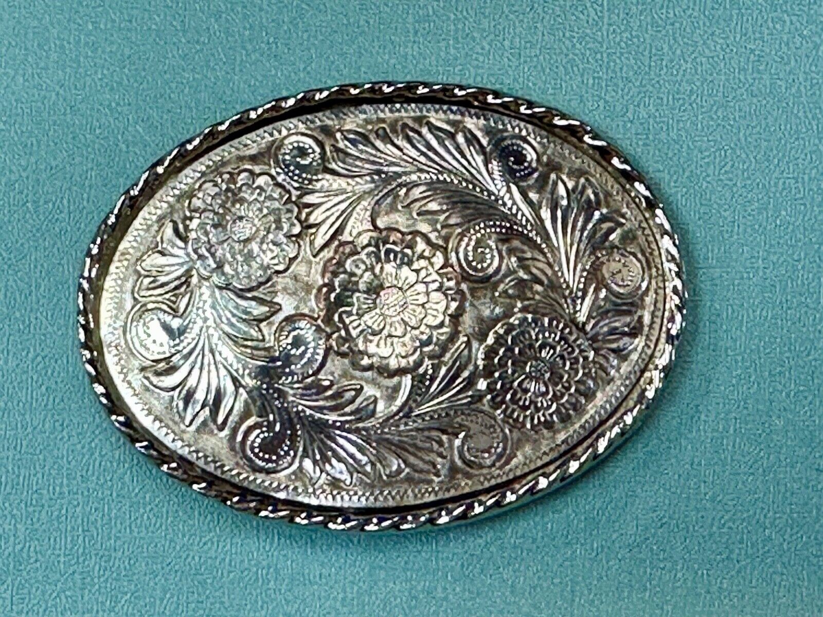 vintage flower leaf design western etched belt buckle marked W