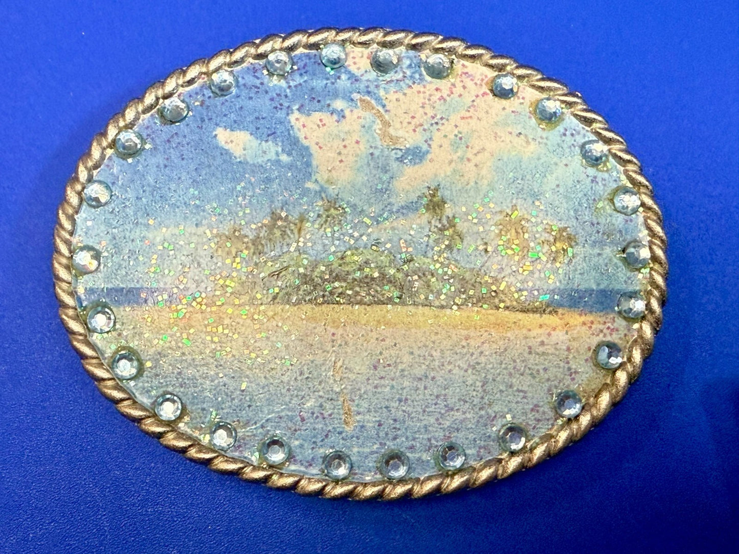 Tropical Island Paradise Picture Vintage Rhinestone Border Oval Belt Buckle
