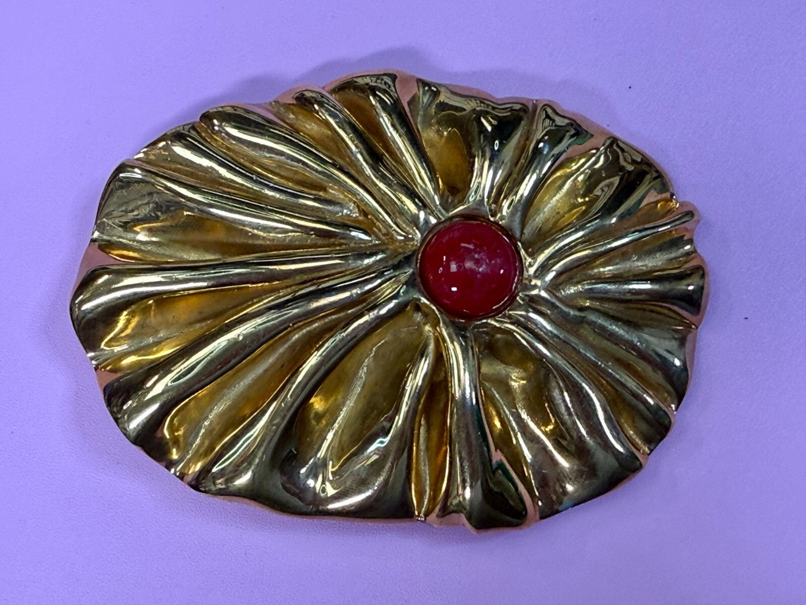 Antique Textured Metal W/ Centered Red Stone Gold Tone Belts by Lois Belt Buckle