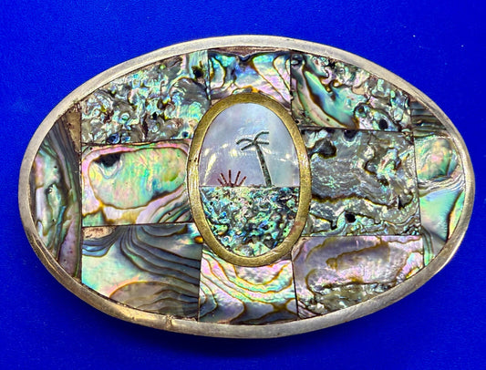 Abalone Shell Mother of Pearl Inlay Beach Scene Belt Buckle Hencho en Mexico