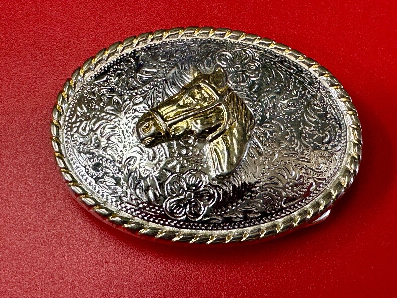 Vintage Horse Head  Two tone oval western 2.75" wide belt buckle by Ivan