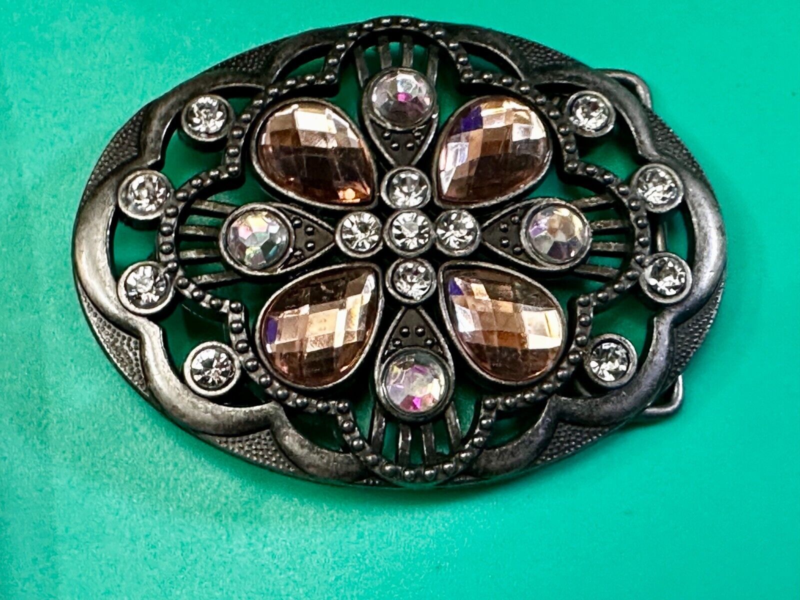 Beautiful Floral Design Silver Tone Metal W/ Rhinestones See Through Belt Buckle