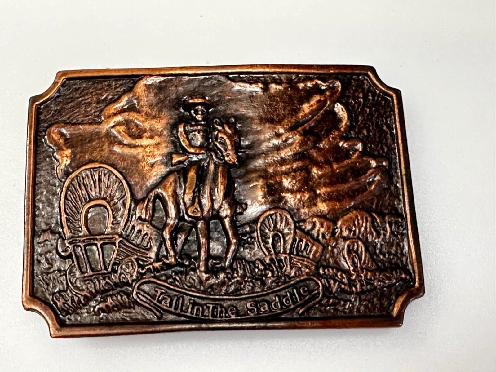 Tall in the Saddle Wagon Cowboy Horse Western Art Scene Vintage Belt Buckle