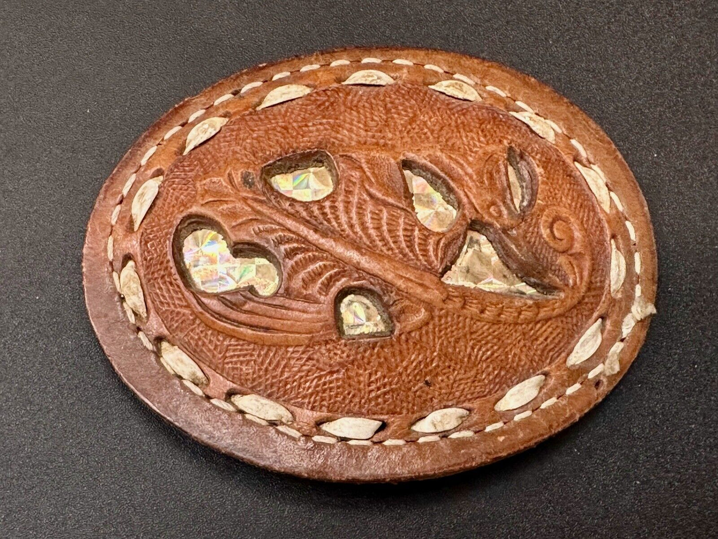 Unique leaf pattern in leather belt buckle made of Abalone shell