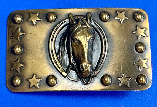 Vintage Horse head belt buckle with stars and circles boarder