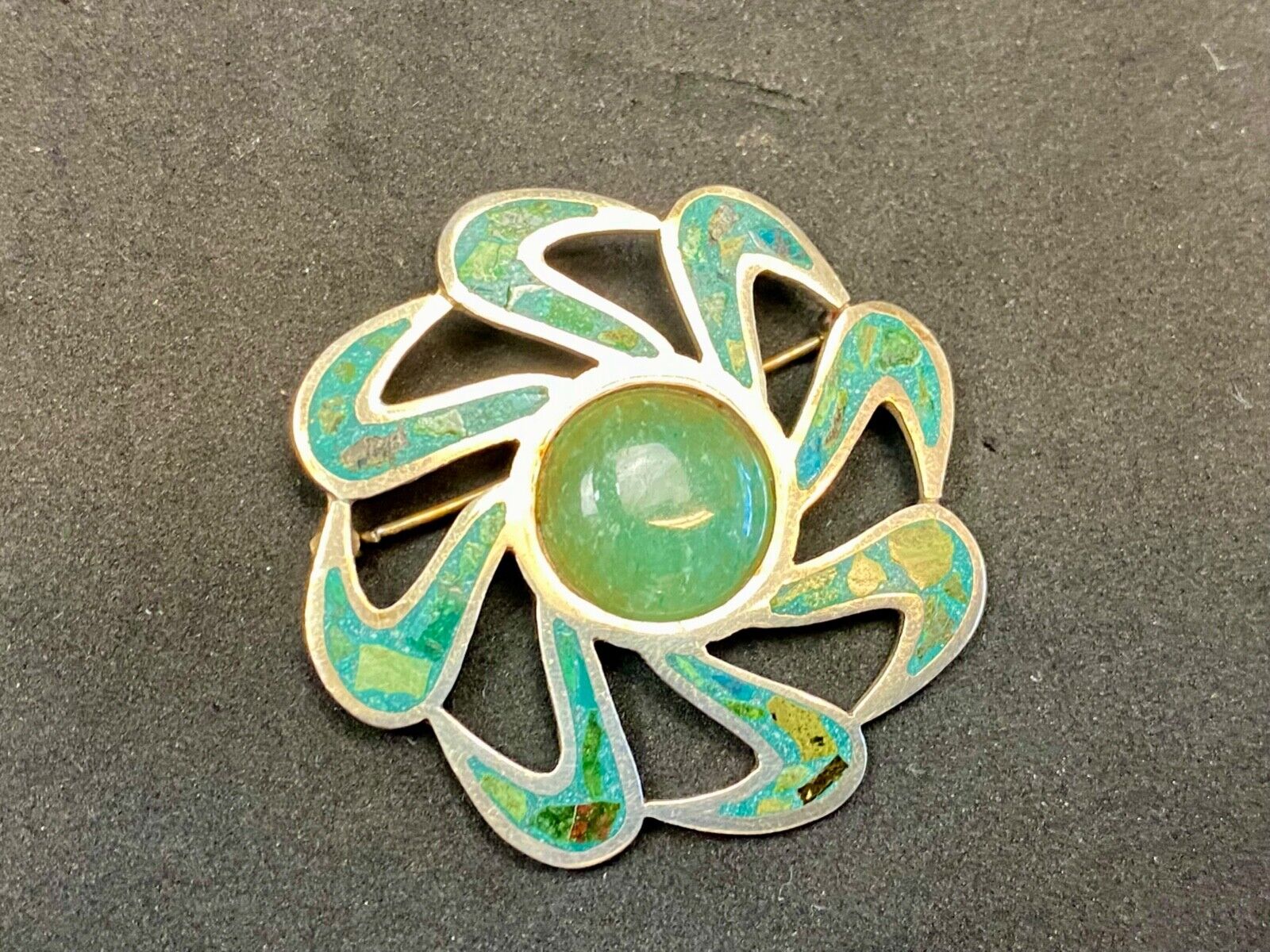 Unique Stone Chip Inlaid 925 Taxco Tr-43 Sterling Mexico Brooch