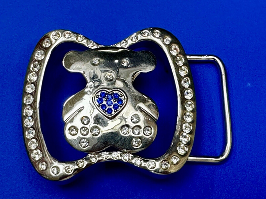 Teddy Bear W/ Heart Clear & Blue Rhinestone Accented Belt Buckle