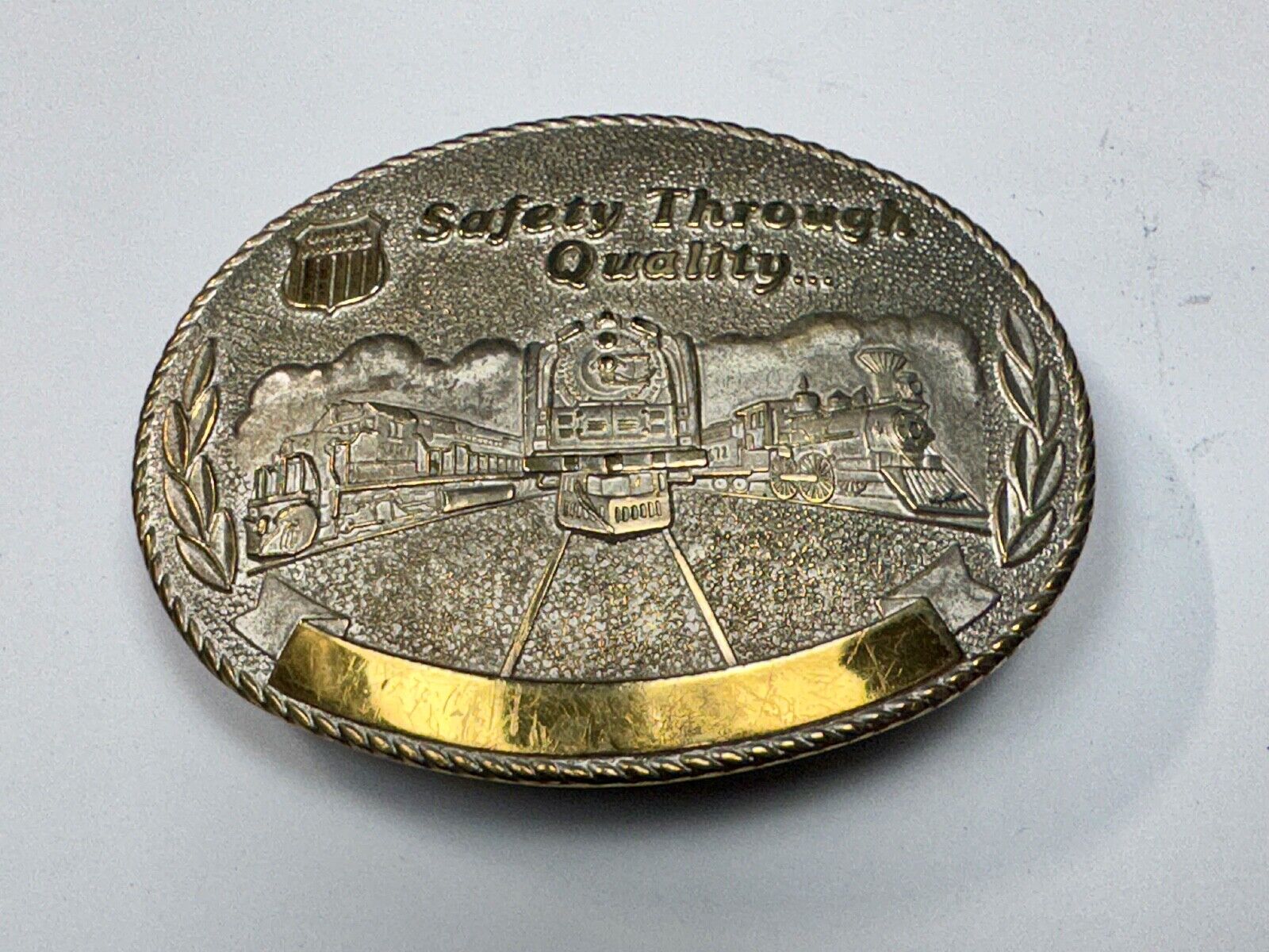 Union Pacific Rail Road SAFETY THROUGH QUALITY Train Engine STOTTS belt buckle