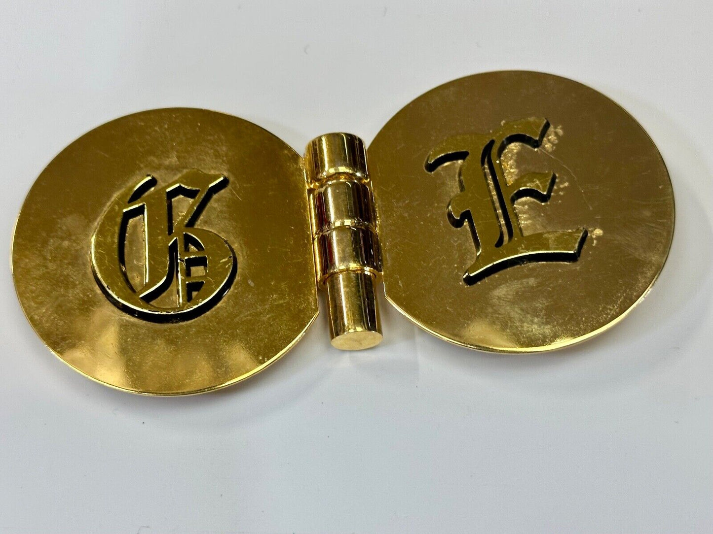 vintage initials letter GE? Hinged gold tone belt buckle