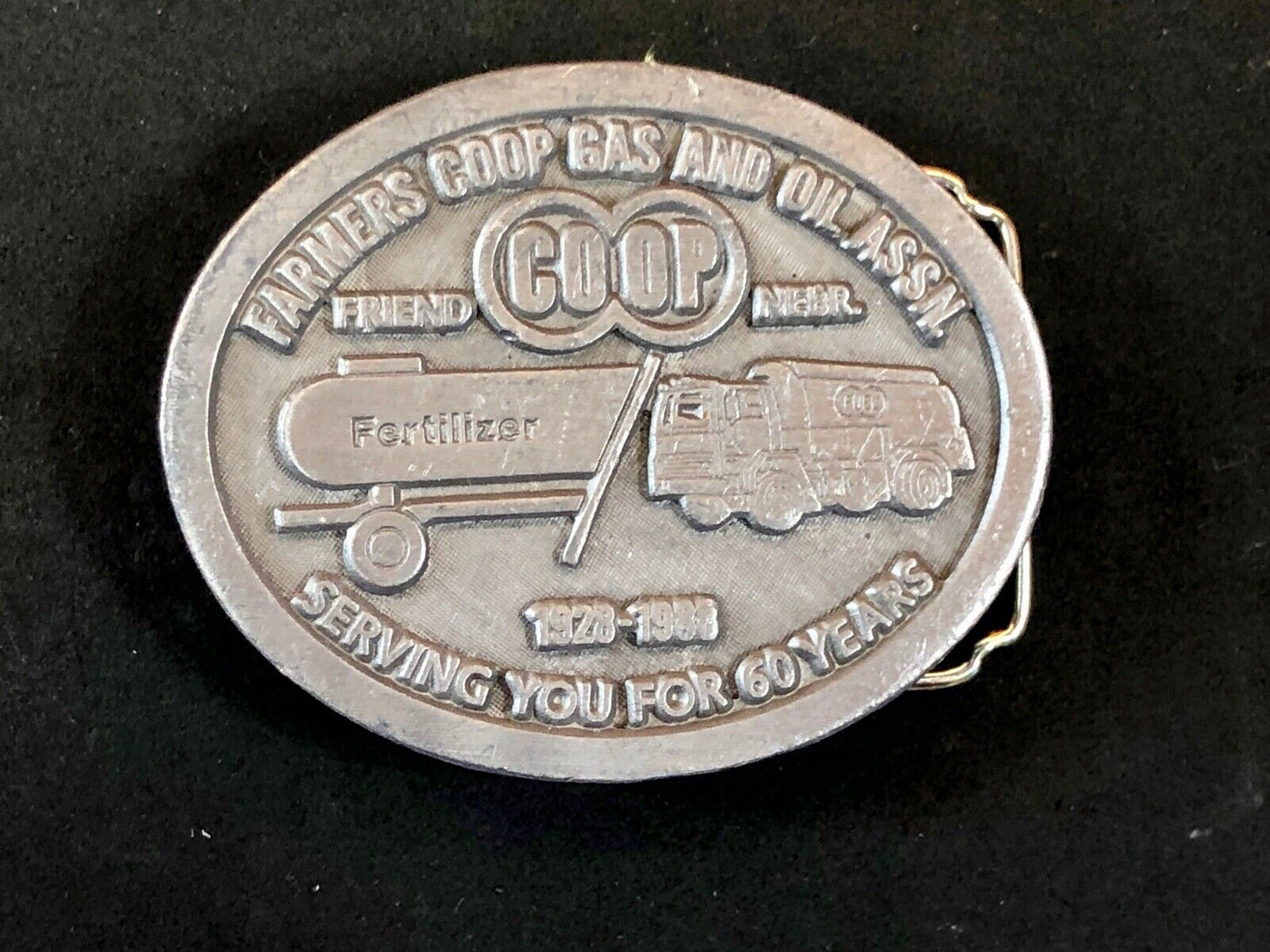  VINTAGE 1980's  **FARMERS COOP GAS & OIL ASSN. 60 YEARS** OILFIELD BUCKLE