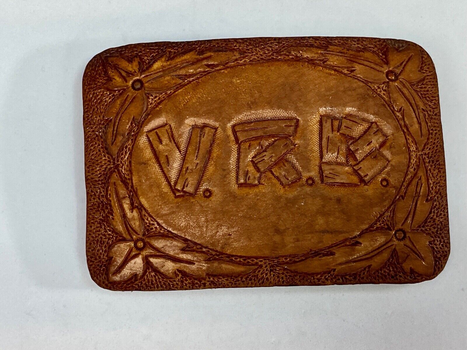 Vintage Initials Letters Vrb Log Style On Leather And Brass Belt Buckle 