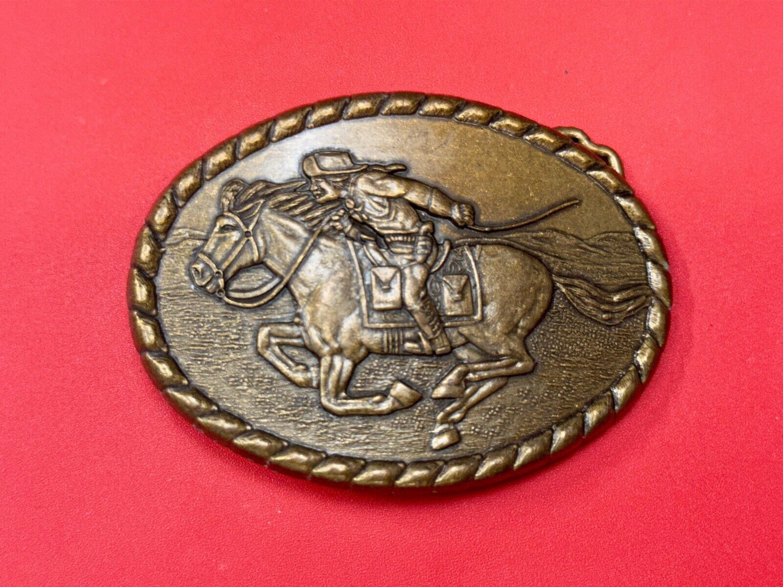 Vintage 1981 Mervyn's Pony Express Rider  Brass Belt Buckle Western Belt Buckle