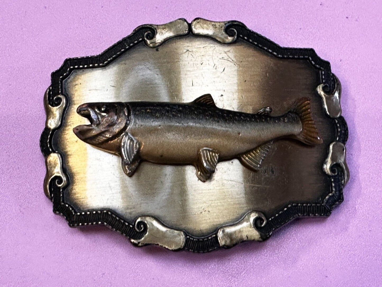 3D Fish Trout Fishing Fisherman Salmon  Vintage 1979 Raintree Belt Buckle
