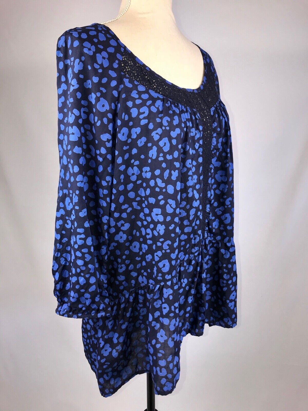 Anthropologie HD IN PARIS "Ressica" Blue Black Floral Lace Hi Lo Tunic Top S
