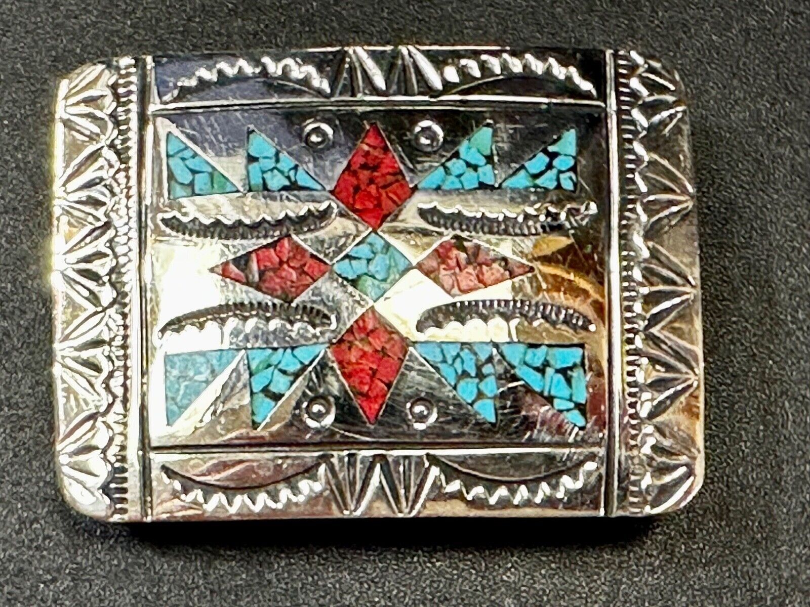 Turquoise & Coral Navajo / Native American Style Artisan 2" Belt Buckle