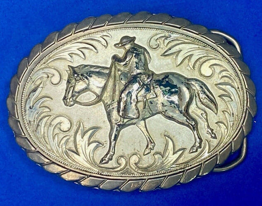 Vintage Cowboy Man Riding Horse Horseback Oval Western Style Belt Buckle  